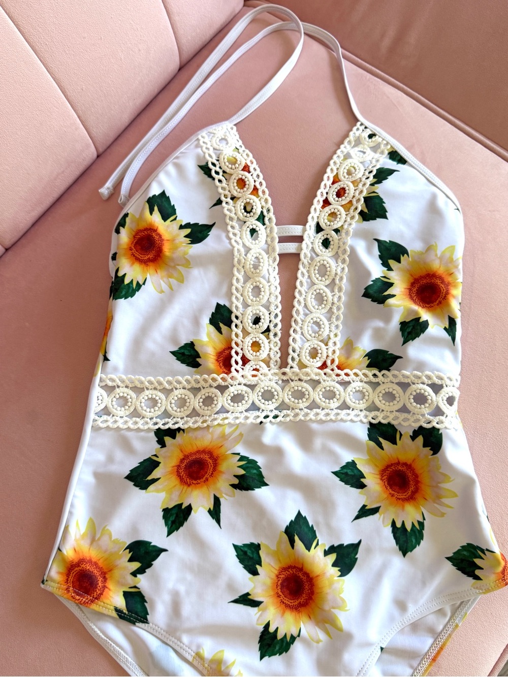 SHEIN White Sunflower One Piece Swimsuit with Crochet Lace Trim - Size M